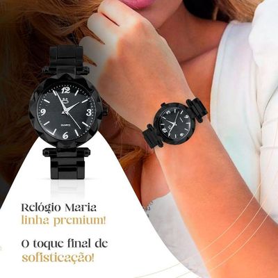 Relogio Feminino Aço Preto + Caixa + Brincos Delicado Social
