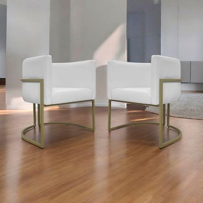 Kit 2 Poltronas Recepção Luna Corino Cores Base De Ferro Champagne Branco Corino