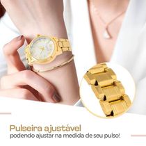 Relogio Feminino Banhado Aço + Brincos Strass Colar + Caixa Social Original Presente Casual Ponteiro