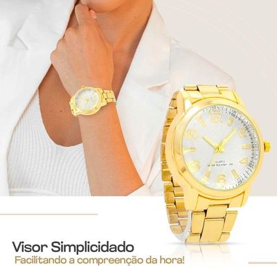 Relogio Feminino Banhado Aço + Brincos Strass Colar + Caixa Social Original Presente Casual Ponteiro