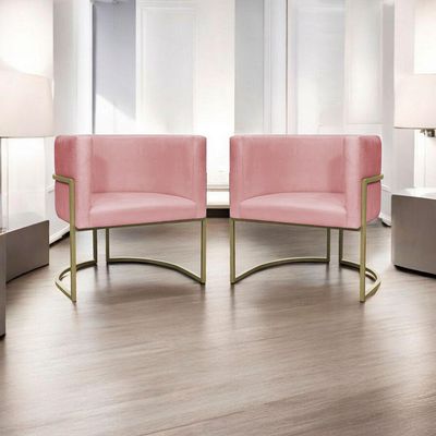 Kit 2 Poltronas Decorativa Recepção Luna Suede Cores Base De Ferro Champagne Rosê Suede