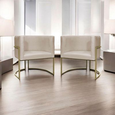 Kit 2 Poltronas Decorativa Recepção Luna Suede Cores Base De Ferro Champagne Bege Suede