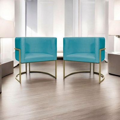 Kit 2 Poltronas Decorativa Recepção Luna Suede Cores Base De Ferro Champagne Azulturquesa Suede