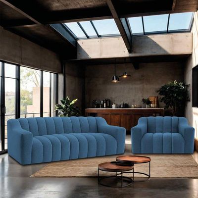 Kit 1 Sofá 180cm 2 Poltrona Luxo Recepção Sala Elegance Linho Azul Royal