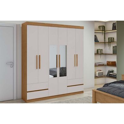 Guarda Roupa Solteiro 6 Portas 2 Com Espelho E 4 Gavetaszeus Amêndoa/off White Lopas