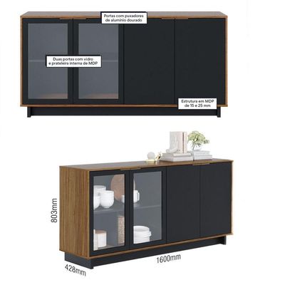 Kit com Cristaleira Led e Buffet Aparador Porta Vidro Preto Colibri