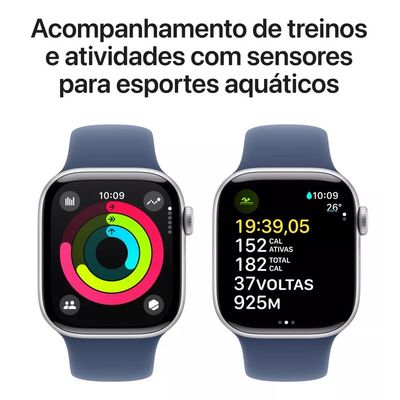 Apple Watch Series 10 (GPS 46 mm) Caixa Prateada em Alumínio com Pulseira Esportiva Azul (Denim)