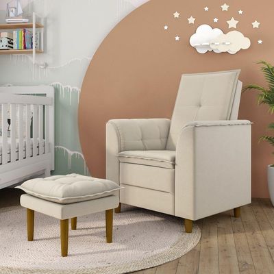Poltrona Decorativa Amamentação Reforçada E Puff Luly Suede bege
