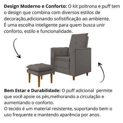 Poltrona Amamentação Confortável Com Puff Ayla Suede cinza