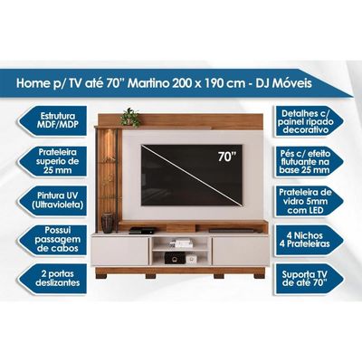 Home p/ TV até 70 Polegadas Martino c/ Prateleira Nichos e Pés 200x190cm Cedro/Bali - DJ Móveis