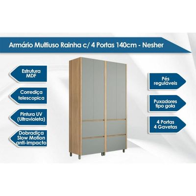 Armário Multiuso Lavanderia Rainha c/ 4 Portas e 4 Gavetas 140cm Branca - Nesher