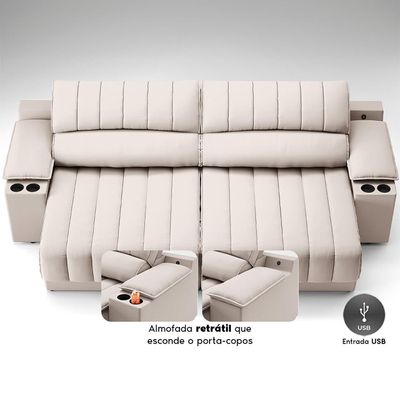 Sofá 3 Lugares Retrátil e Reclinável Murano com Porta-Copos Velosuede Areia 200 cm