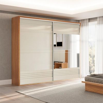 Guarda-Roupa Casal com Espelho Girona 100% MDF 2 PT 4 GV Freijó e Off White