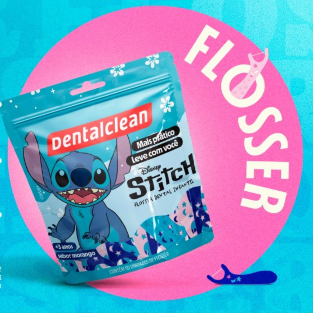 FIO DENTAL FLOSSER INFANTIL STITCH MORANGO 50U - DENTALCLEAN