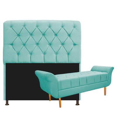 Kit Cabeceira e Recamier 90 Cm Solteiro Suede Azul Tiffany