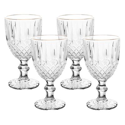 Jogo 4 Taça De Vidro Transparente Com Borda Dourada Fio De Ouro Greek 345ml Wolff