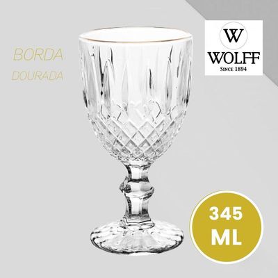 Jogo 12 Taça De Vidro Transparente Com Borda Dourada Fio De Ouro Greek 345ml Wolff