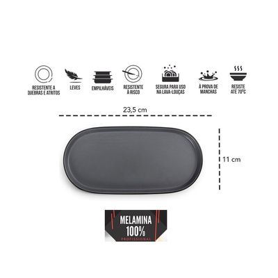 Petisqueira Prato Oval Preto Cinza Melanina Kit 3un de 23cm