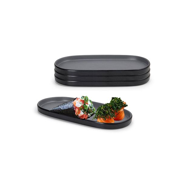 Petisqueira Prato Oval Preto Cinza Melanina Kit 3un de 23cm