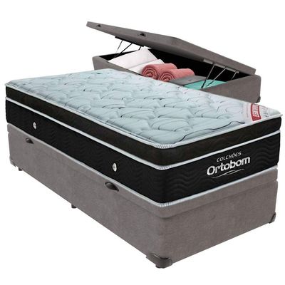 Cama Box Baú Cinza E Colchão Elegant Molas Ensacadas Solteiro Ortobom