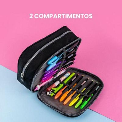 Estojo Escolar Lápis Nylon Ziper Resistente Com Organizador De Lápis Mais Canetinhas Marca Texto