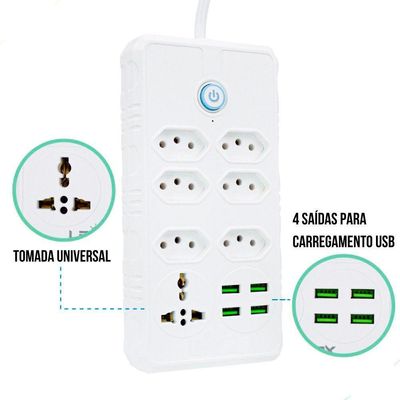 Filtro De Linha Régua Extensão Com 4 Tomadas 4 Usb Com Controle De Ligar E Desligar 2m 110-220