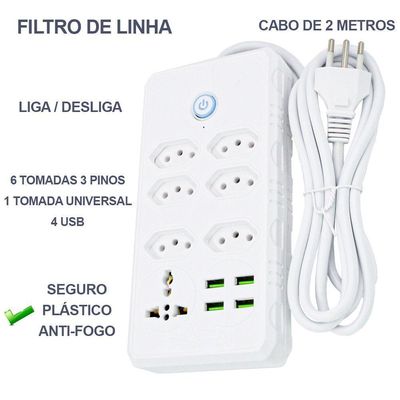 Filtro De Linha Régua Extensão Com 4 Tomadas 4 Usb Com Controle De Ligar E Desligar 2m 110-220