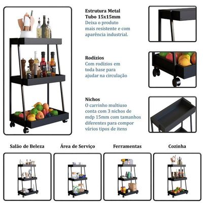 Carrinho Organizador Multiuso 03 Prateleiras P1032 Preto Pp Milani Store Preto