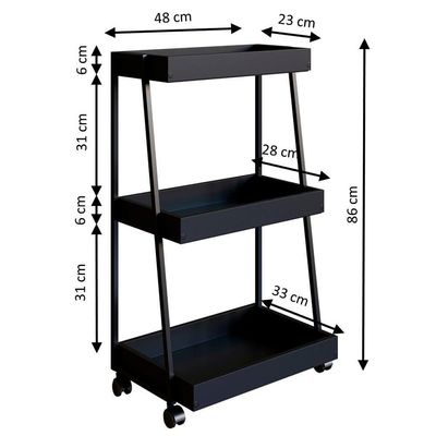 Carrinho Organizador Multiuso 03 Prateleiras P1032 Preto Pp Milani Store Preto