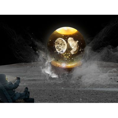 Luminária Abajur Globo Homem na Lua LED USB Enfeite Decorativo Esfera de Vidro 3D Base de Madeira