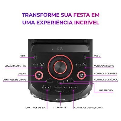 Torre de Som 2300W RMS 2 Woofers 10 USB Rádio FM AWS-T2W-02 Aiwa Preto / Bivolt