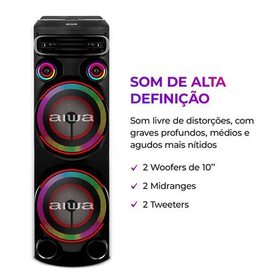 Torre de Som 2300W RMS 2 Woofers 10 USB Rádio FM AWS-T2W-02 Aiwa Preto / Bivolt
