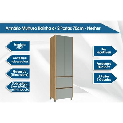 Armário Multiuso Lavanderia Rainha c/ 2 Portas e 2 Gavetas 70cm Nature/Verde - Nesher