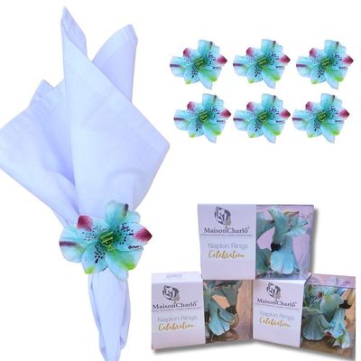 Kit 6 Porta Guardanapo Botão Astromelia Azul Turquesa