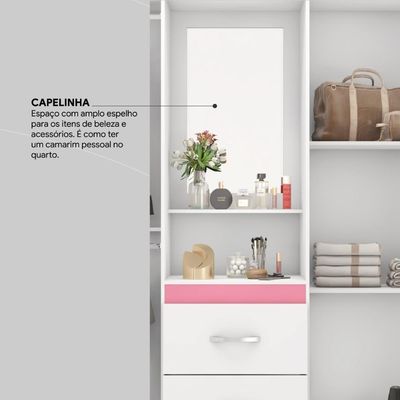 Guarda Roupa Solteiro 4 Portas Com Espelho E 2 Gavetas Loanda Branco-rosa-branco