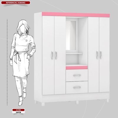 Guarda Roupa Solteiro 4 Portas Com Espelho E 2 Gavetas Loanda Branco-rosa-branco