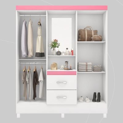 Guarda Roupa Solteiro 4 Portas Com Espelho E 2 Gavetas Loanda Branco-rosa-branco