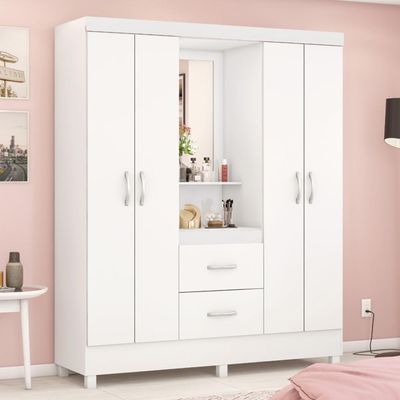 Guarda Roupa Solteiro 4 Portas Com Espelho E 2 Gavetas Loanda Branco-rosa-branco