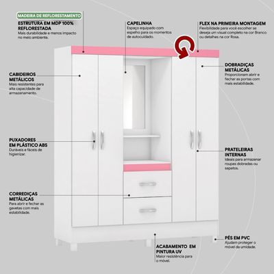 Guarda Roupa Solteiro 4 Portas Com Espelho E 2 Gavetas Loanda Branco-rosa-branco
