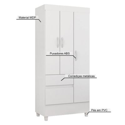 Guarda Roupa Solteiro 3 Portas E 2 Gavetas Castro Branco-rosa-branco Branco