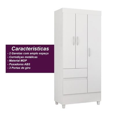 Guarda Roupa Solteiro 3 Portas E 2 Gavetas Castro Branco-rosa-branco Branco