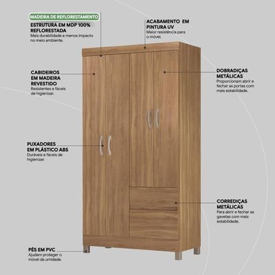 Guarda Roupa Solteiro 4 Portas E 2 Gavetas Almirante Amêndola Touch