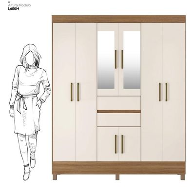 Guarda Roupa Casal 8 Portas Com Espelho E 2 Gavetas Paranaguá Amêndola Touch-off White