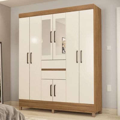 Guarda Roupa Casal 8 Portas Com Espelho E 2 Gavetas Paranaguá Amêndola Touch-off White