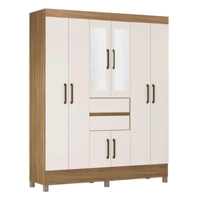 Guarda Roupa Casal 8 Portas Com Espelho E 2 Gavetas Paranaguá Amêndola Touch-off White