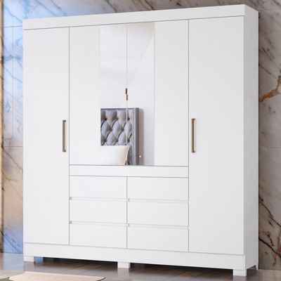 Guarda Roupa Casal 4 Portas Com Espelho E 6 Gavetas Cádis Branco