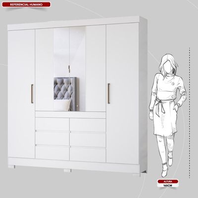 Guarda Roupa Casal 4 Portas Com Espelho E 6 Gavetas Cádis Branco