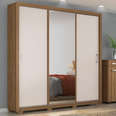 Guarda Roupa Casal 3 Portas Com Espelho E 2 Gavetas Residence Amêndola Touch-off White