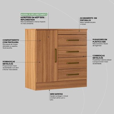 Cômoda 4 Gavetas 1 Porta Com Rodizios Montevidéu Amêndola Touch