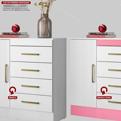 Cômoda 4 Gavetas 1 Porta Com Rodizios Montevidéu Branco rosa branco